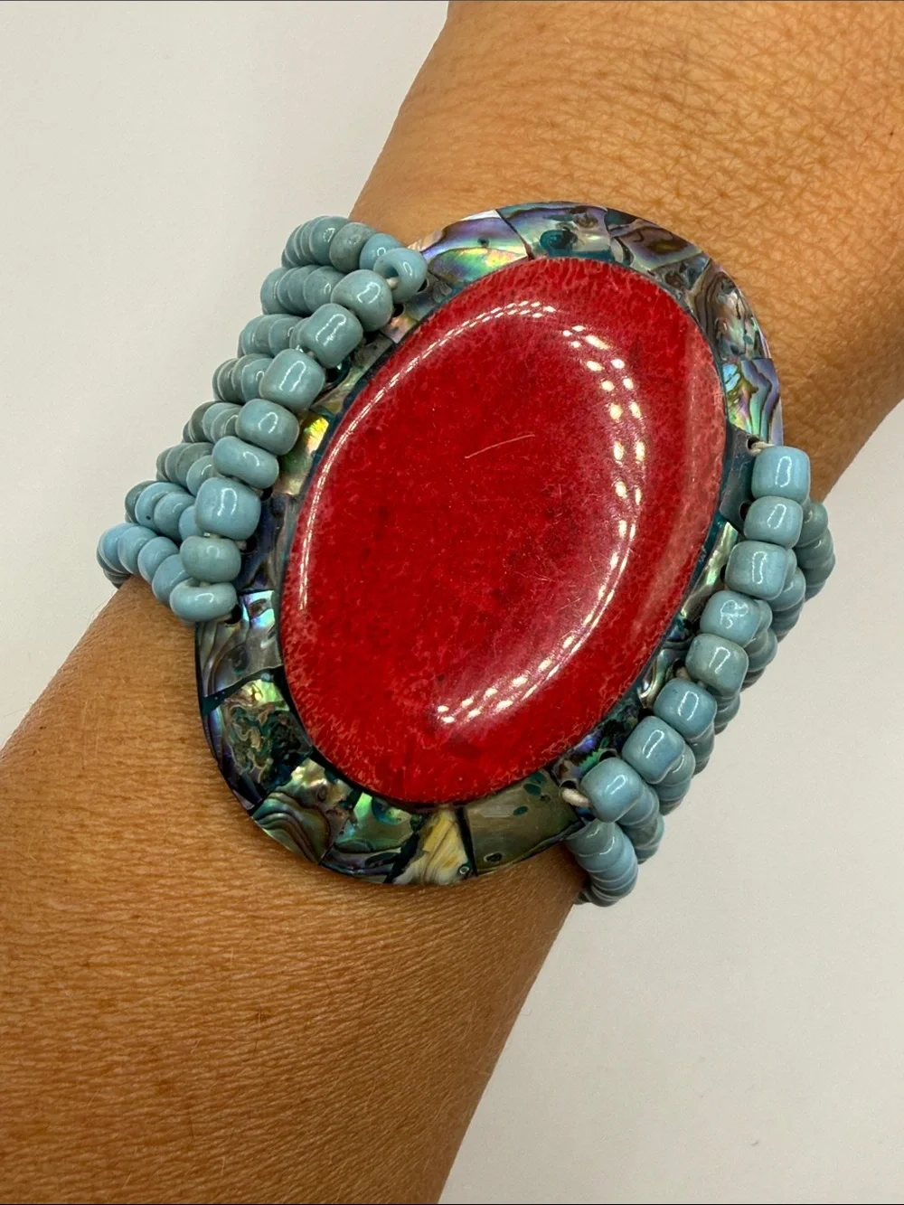 Vintage Southwestern Turquoise Blue Red Abalone Seed Beaded Large Cuff Bracelet